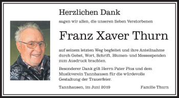 Anzeige von Franz Xaver Thurn von Schwäbische Zeitung
