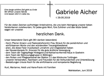 Anzeige von Gabriele Aicher von Schwäbische Zeitung