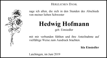 Anzeige von Hedwig Hofmann von Schwäbische Zeitung