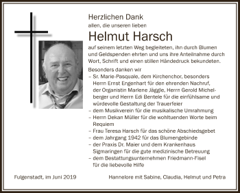 Anzeige von Helmut Harsch von Schwäbische Zeitung