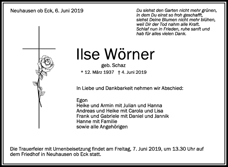 Traueranzeige Von Ilse Worner Schwaebische De Trauerportal