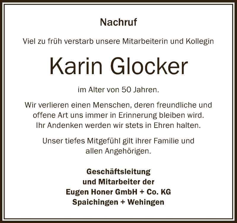  Traueranzeige für Karin Glocker vom 01.06.2019 aus Schwäbische Zeitung