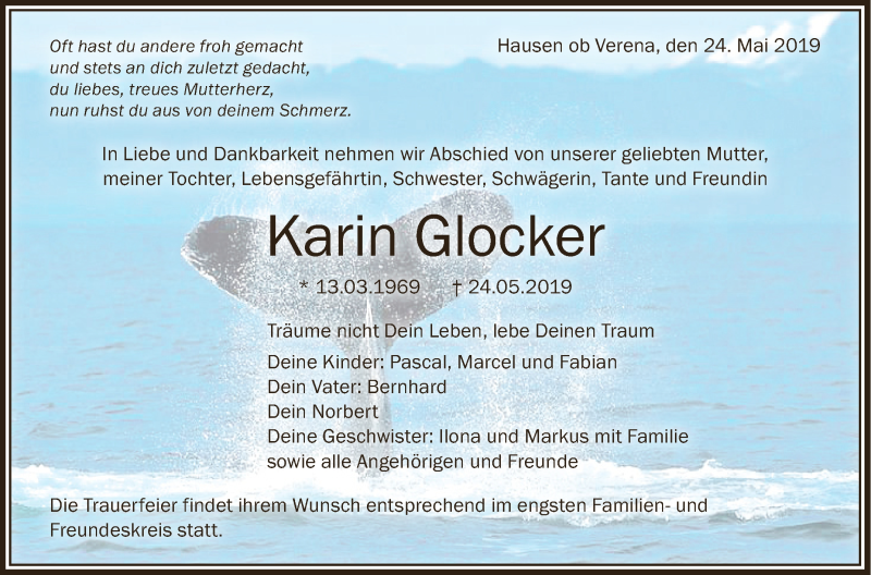  Traueranzeige für Karin Glocker vom 01.06.2019 aus Schwäbische Zeitung