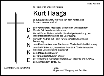 Anzeige von Kurt Haaga von Schwäbische Zeitung