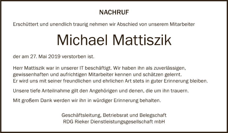  Traueranzeige für Michael Mattiszik vom 04.06.2019 aus Schwäbische Zeitung