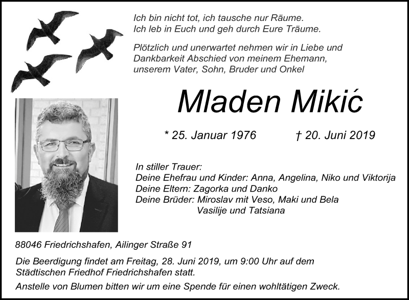  Traueranzeige für Mladen Mikic vom 26.06.2019 aus Schwäbische Zeitung