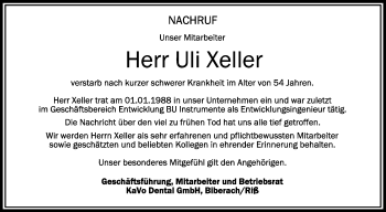 Anzeige von Uli Xeller von Schwäbische Zeitung