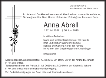 Anzeige von Anna Abrell von Schwäbische Zeitung