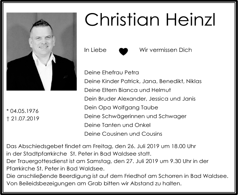  Traueranzeige für Christian Heinzl vom 25.07.2019 aus Schwäbische Zeitung