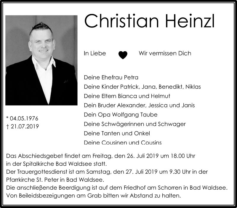  Traueranzeige für Christian Heinzl vom 24.07.2019 aus Schwäbische Zeitung
