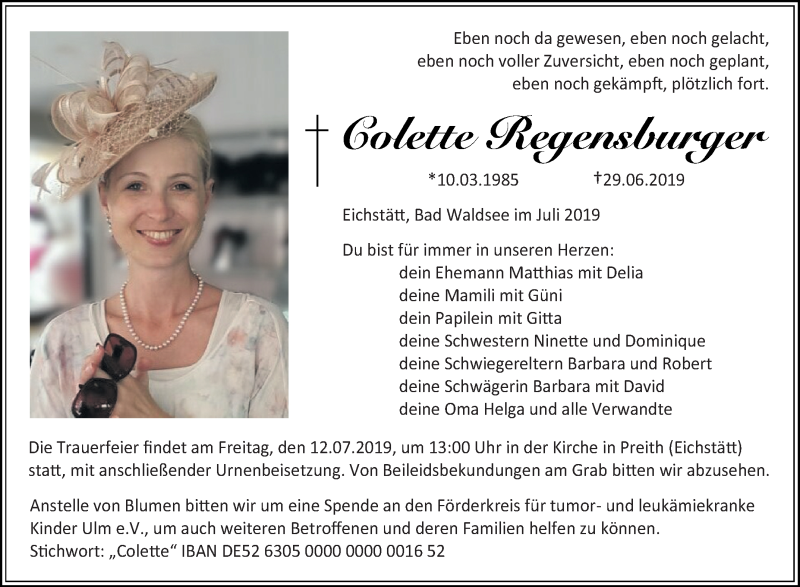  Traueranzeige für Colette Regensburger vom 06.07.2019 aus Schwäbische Zeitung