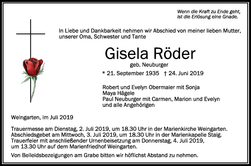 Traueranzeigen Von Gisela Röder Schwaebische De Trauerportal