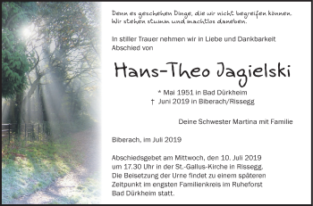 Anzeige von Hans-Theo Jagielski von Schwäbische Zeitung