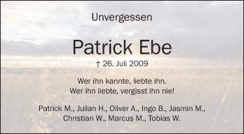 Anzeige von Patrick Ebe von Schwäbische Zeitung