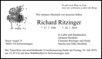 Anzeige von Richard Ritzinger von Schwäbische Zeitung