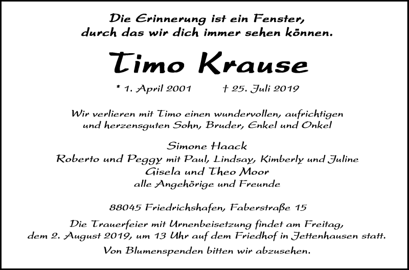  Traueranzeige für Timo Krause vom 30.07.2019 aus Schwäbische Zeitung