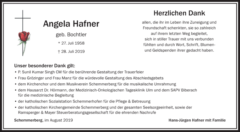  Traueranzeige für Angela Hafner vom 24.08.2019 aus Schwäbische Zeitung