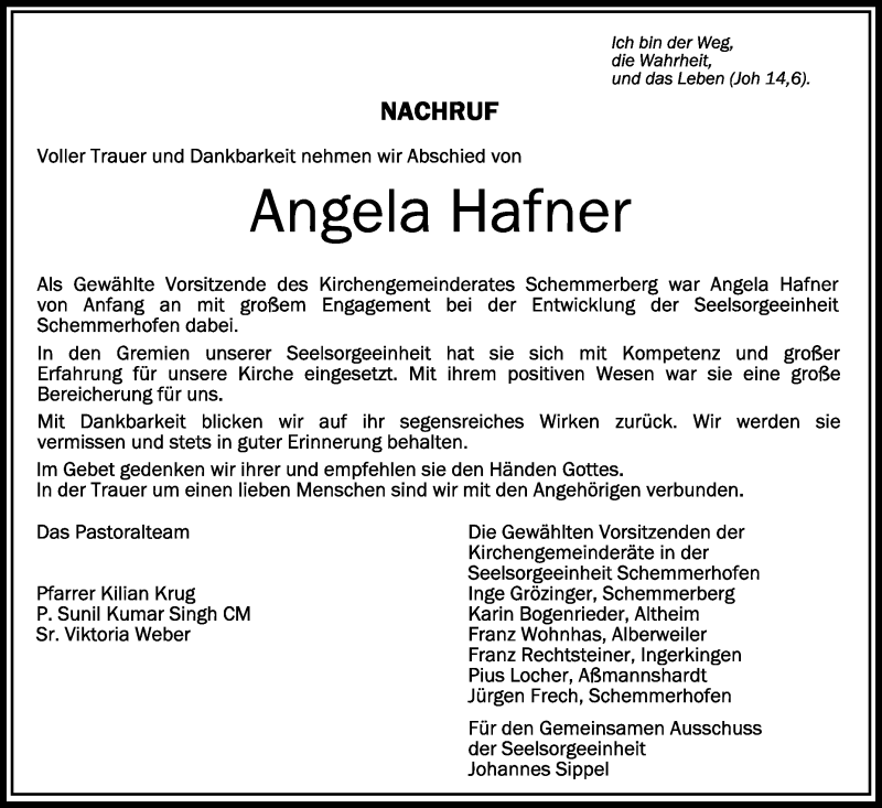  Traueranzeige für Angela Hafner vom 14.08.2019 aus Schwäbische Zeitung