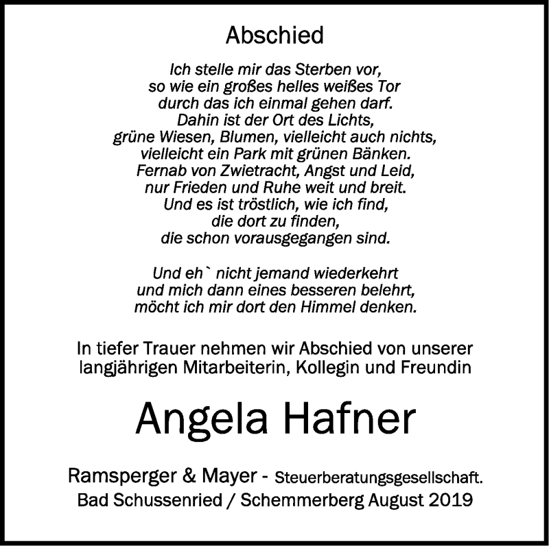  Traueranzeige für Angela Hafner vom 09.08.2019 aus Schwäbische Zeitung