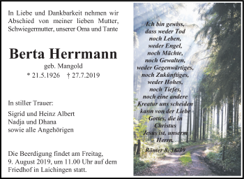 Anzeige von Berta Herrmann von Schwäbische Zeitung