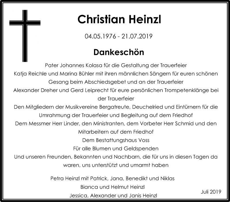  Traueranzeige für Christian Heinzl vom 03.08.2019 aus Schwäbische Zeitung
