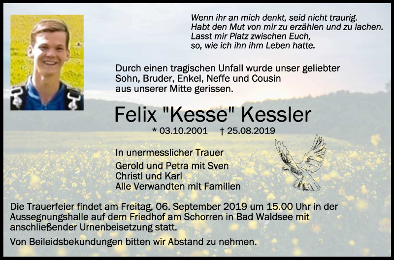  Traueranzeige für Felix Kessler vom 31.08.2019 aus Schwäbische Zeitung