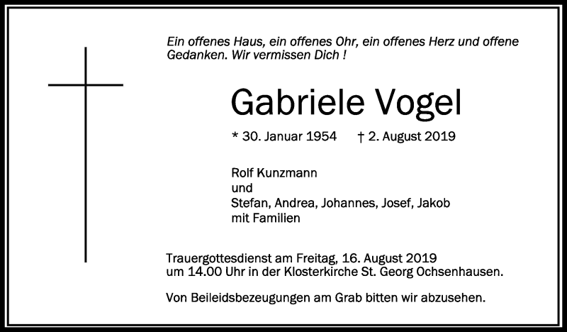  Traueranzeige für Gabriele Vogel vom 10.08.2019 aus Schwäbische Zeitung