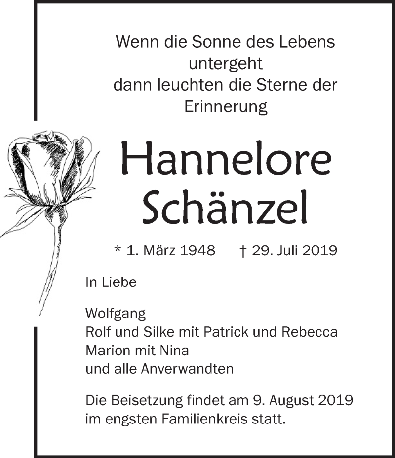  Traueranzeige für Hannelore Schänzel vom 07.08.2019 aus Schwäbische Zeitung