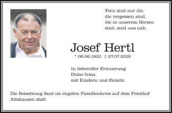 Anzeige von Josef Hertl von Schwäbische Zeitung