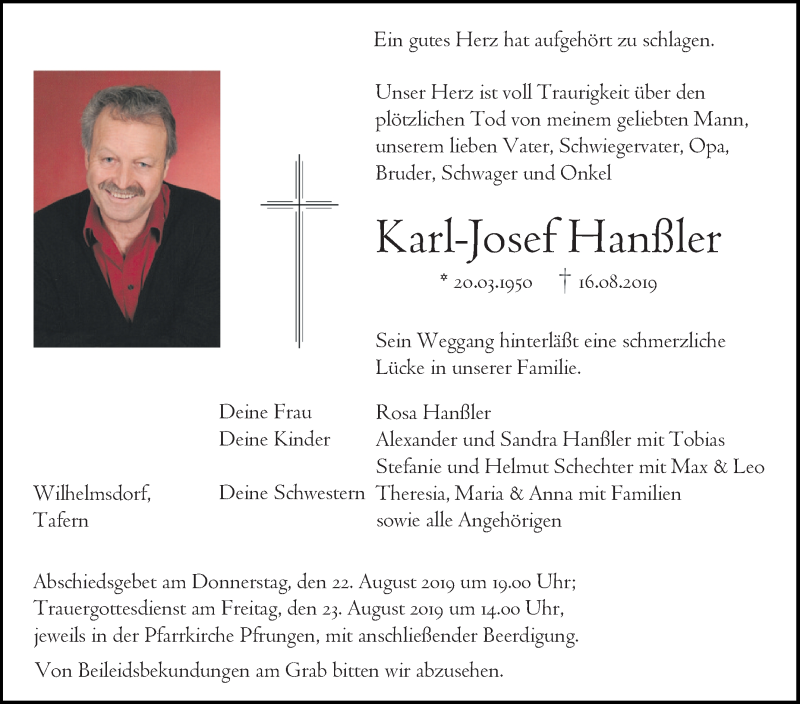  Traueranzeige für Karl-Josef Hanßler vom 21.08.2019 aus Schwäbische Zeitung