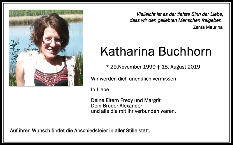  Traueranzeige für Katharina Buchhorn vom 20.08.2019 aus Schwäbische Zeitung