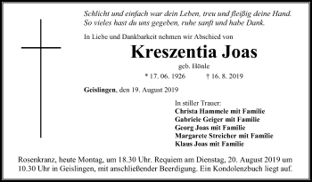 Anzeige von Kreszentia Joas von Schwäbische Zeitung