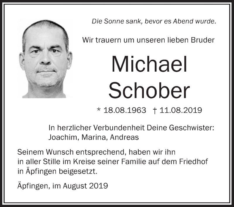  Traueranzeige für Michael Schober vom 31.08.2019 aus Schwäbische Zeitung