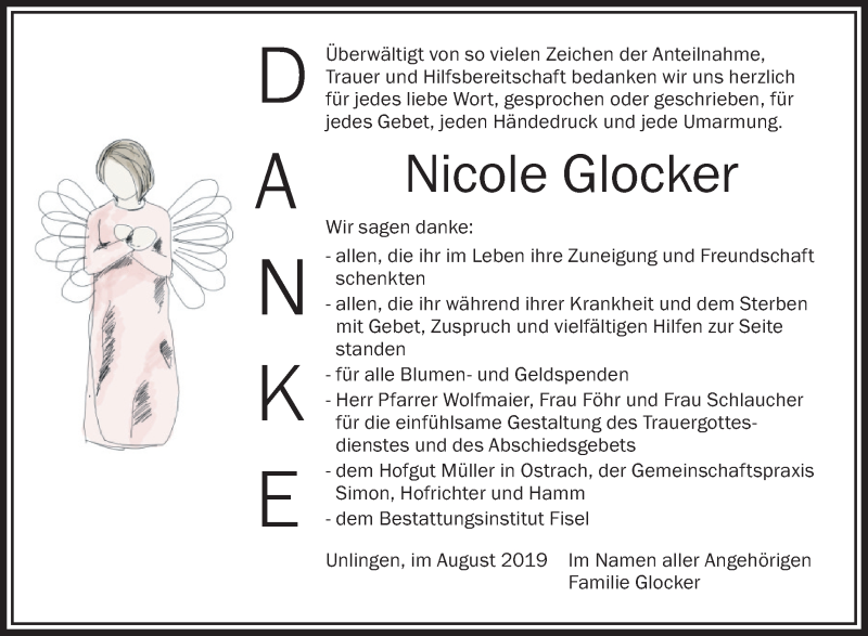  Traueranzeige für Nicole Glocker vom 21.08.2019 aus Schwäbische Zeitung