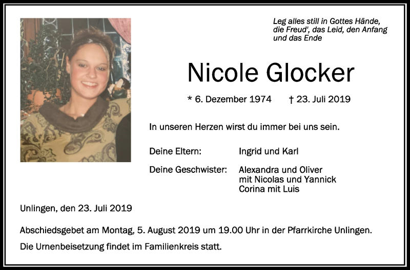  Traueranzeige für Nicole Glocker vom 03.08.2019 aus Schwäbische Zeitung