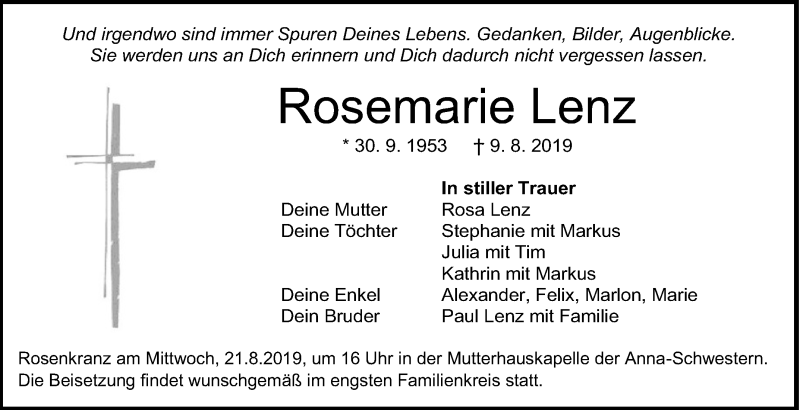  Traueranzeige für Rosemarie Lenz vom 19.08.2019 aus Schwäbische Zeitung