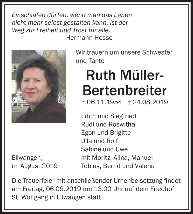  Traueranzeige für Ruth Müller-Bertenbreiter vom 31.08.2019 aus Schwäbische Zeitung