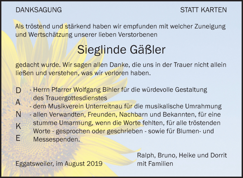  Traueranzeige für Sieglinde Gäßler vom 24.08.2019 aus Schwäbische Zeitung