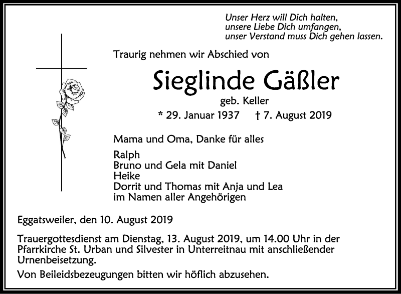  Traueranzeige für Sieglinde Gäßler vom 10.08.2019 aus Schwäbische Zeitung