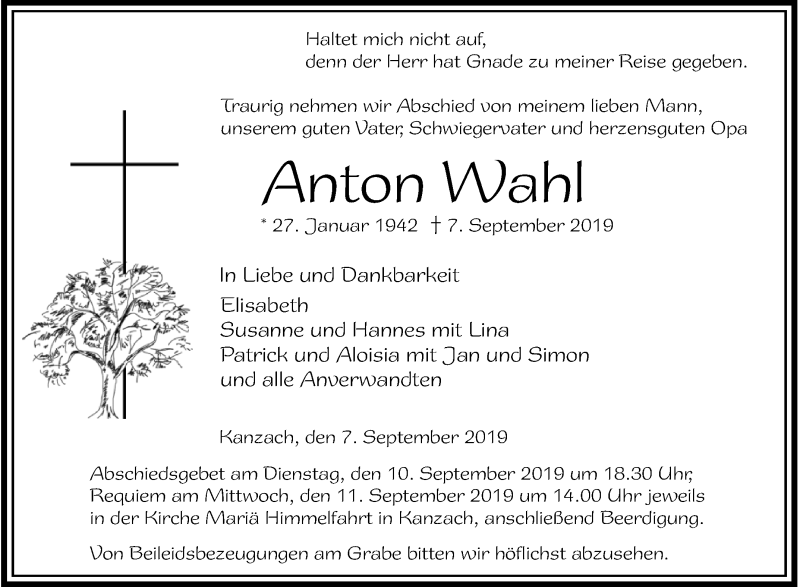  Traueranzeige für Anton Wahl vom 09.09.2019 aus Schwäbische Zeitung