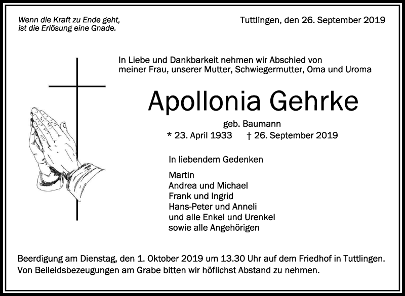  Traueranzeige für Apollonia Gehrke vom 28.09.2019 aus Schwäbische Zeitung
