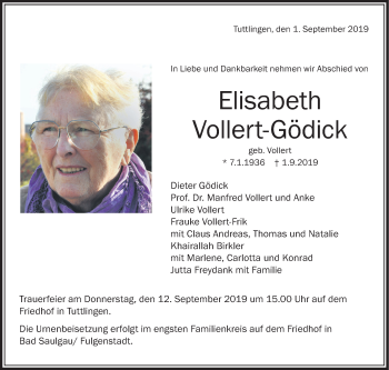 Traueranzeigen von Elisabeth Vollert-Gödick | schwaebische.de Trauerportal