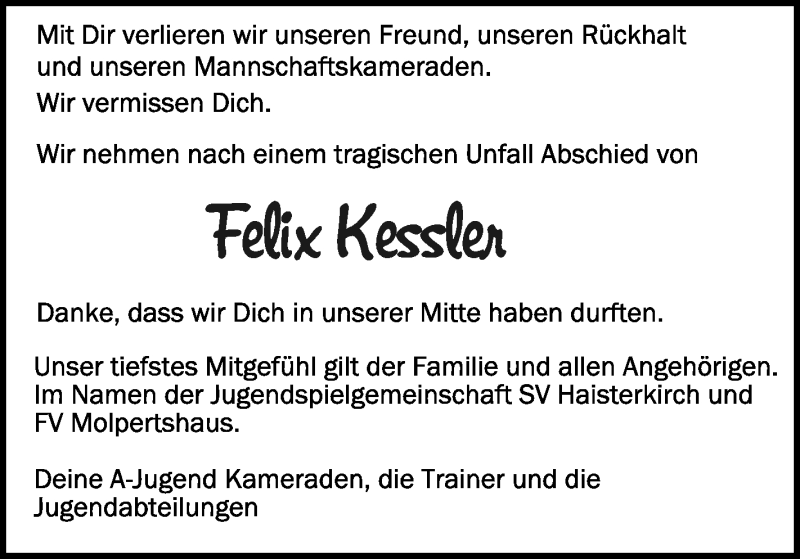  Traueranzeige für Felix Kessler vom 04.09.2019 aus Schwäbische Zeitung