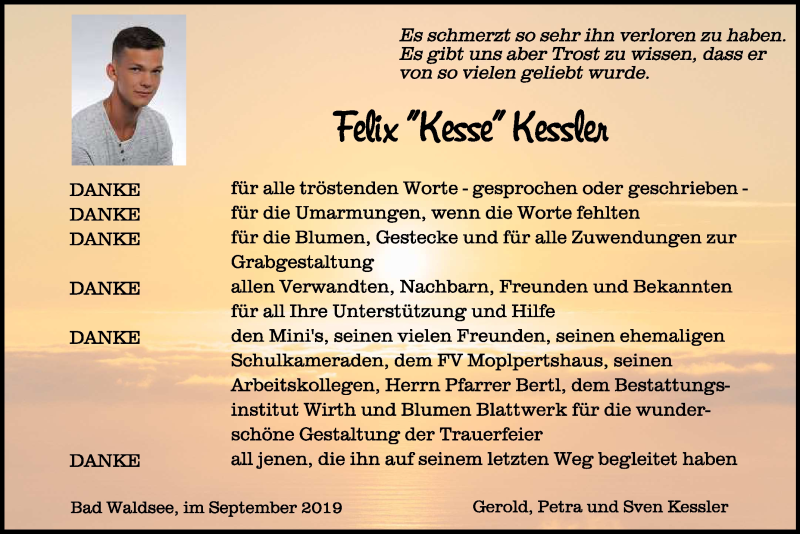 Traueranzeige für Felix Kessler vom 14.09.2019 aus Schwäbische Zeitung