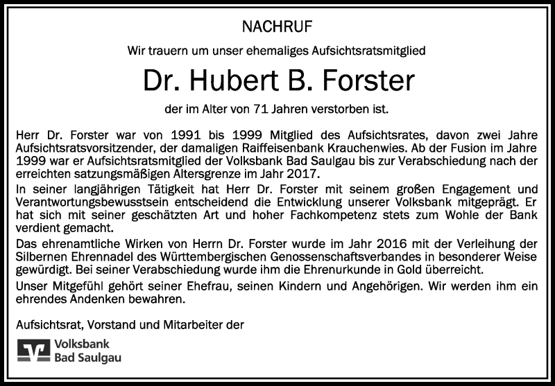 Traueranzeigen Von Hubert B. Forster | Schwaebische.de Trauerportal