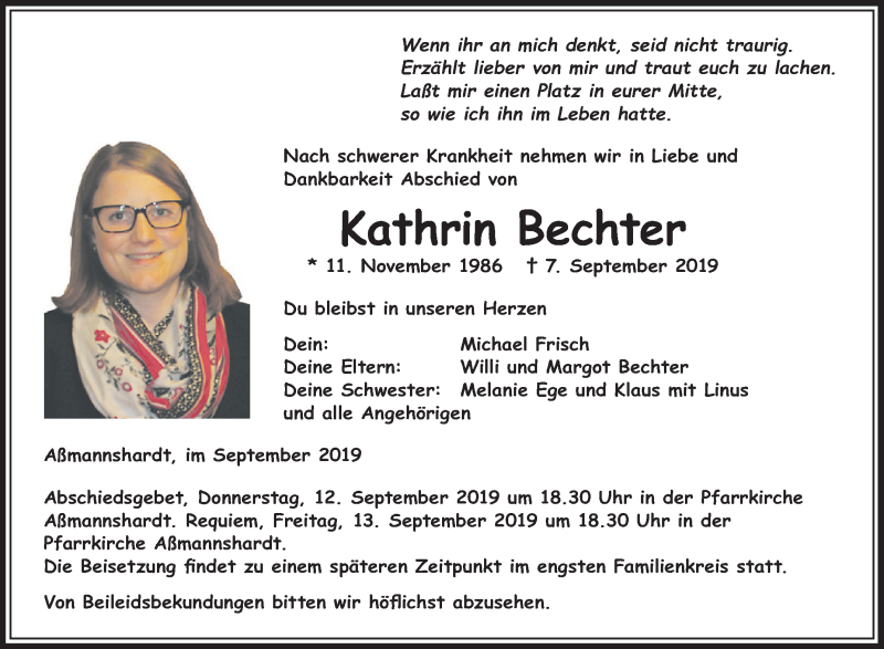  Traueranzeige für Kathrin Bechter vom 11.09.2019 aus Schwäbische Zeitung