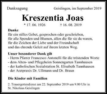 Anzeige von Kreszentia Joas von Schwäbische Zeitung