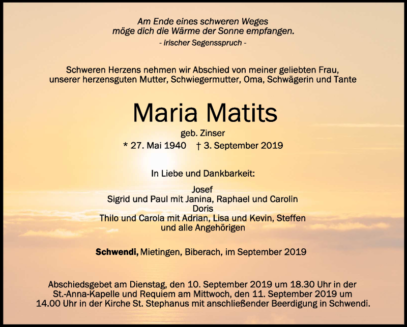  Traueranzeige für Maria Matits vom 09.09.2019 aus Schwäbische Zeitung