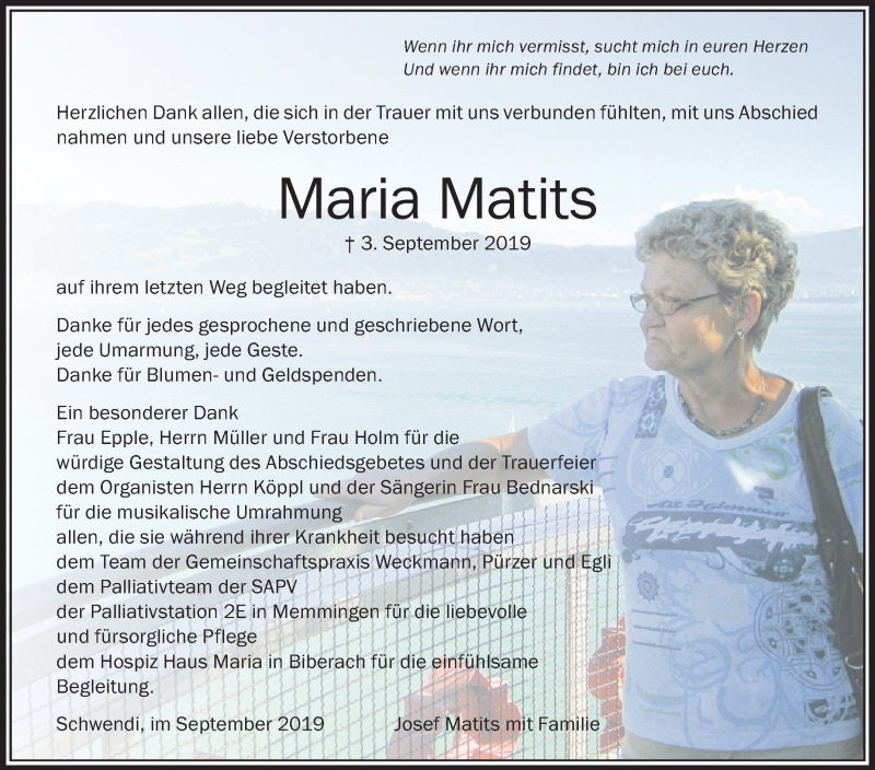  Traueranzeige für Maria Matits vom 25.09.2019 aus Schwäbische Zeitung