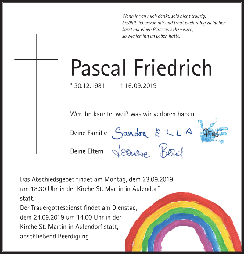  Traueranzeige für Pascal Friedrich vom 21.09.2019 aus Schwäbische Zeitung